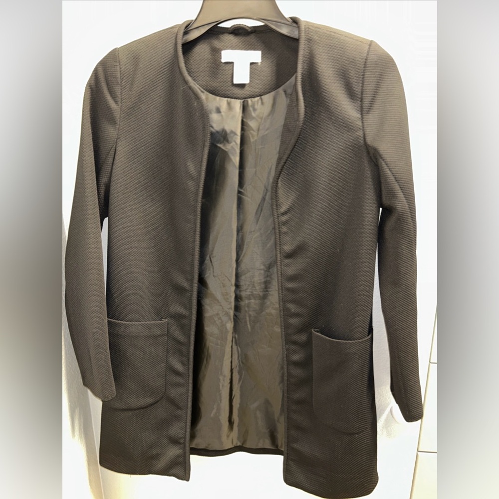 H&M Coat Black Open Front Textured Weave Pockets Lined size 4